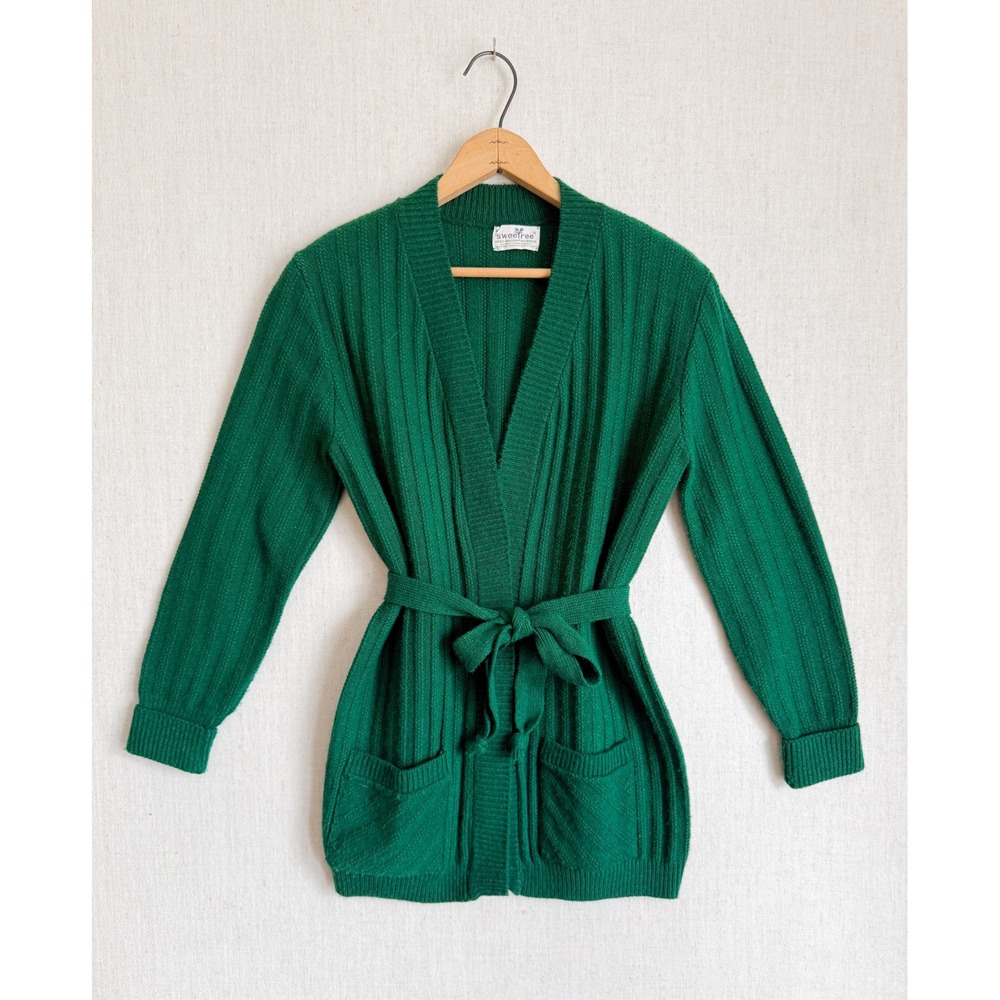 Vintage Sweetree Green Ribbed‎ Cardigan Sweater Belted Pockets Orlon Acrylic L
